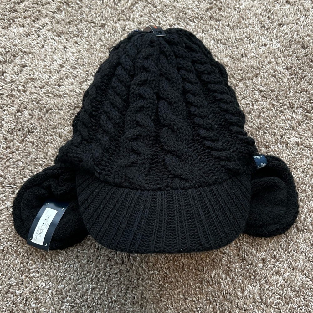 Rainforest Men’s Black Cable Knit Trapper Hat W/ Brim Ear Flaps Acrylic Fleece